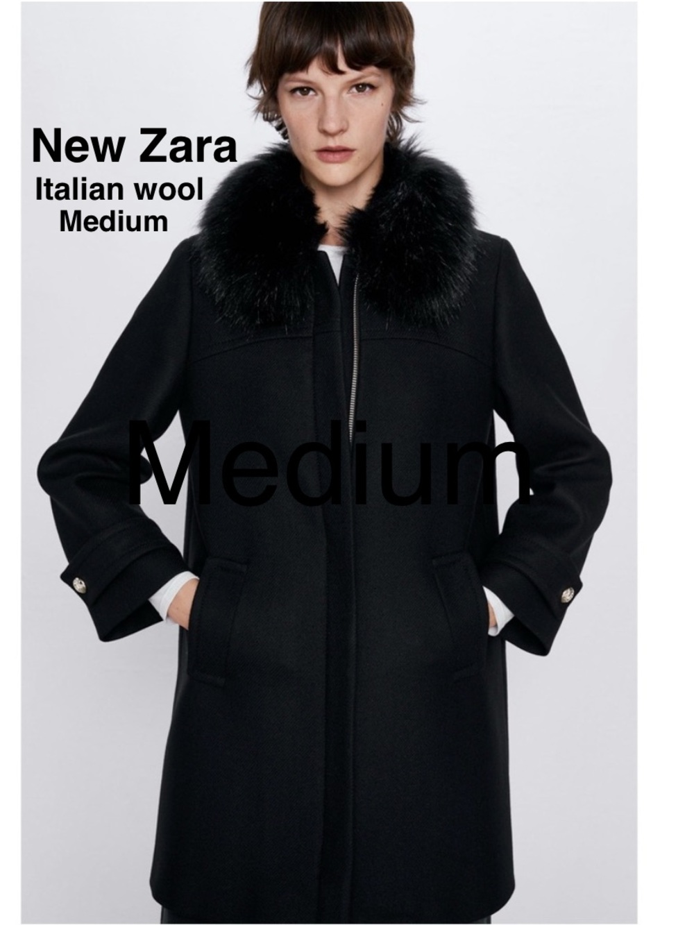 New ZARA Manteco Italian Wool Black A-Line Coat Detach Faux Fur Collar & tag⭐️⭐️